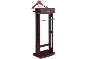 Proman Products Norstar Suit Valet Stand VL16245 with Detachable Hanger, Trouser Bar, Tie Bars, Mirror Tray & Drawer, 20”W x 15” D x 49”H, Mahogany