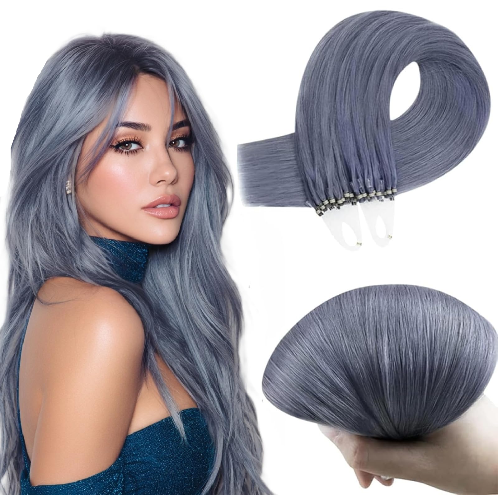 RUNATURE Real Micro Beads Human Hair Extensions Haze Blue Natural Microlink Hair Extensions Human Hair Long Colored Micro Loop Remy Hair Extensions Straight 18 Inch 25g 25 Strands — image 1