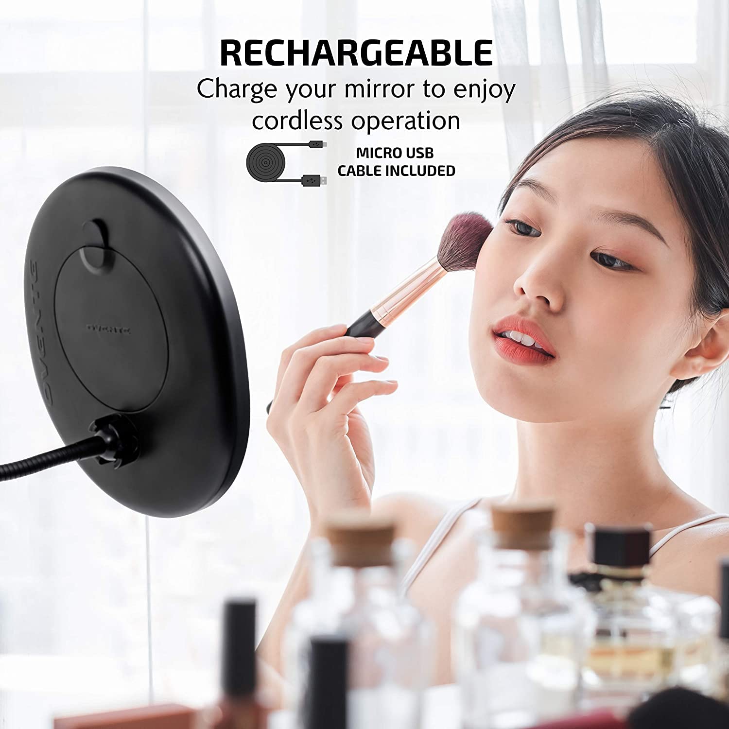 OVENTE 9'' Rechargeable Lighted Wall Mount Makeup Mirror for Bathroom with Mini Magnetic 10X Magnifying Mirror, Touch Screen Dimmable LED Lights, Flexible Gooseneck and Suction Mounting, Black MOW22B
