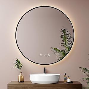 EMKE LED Badspiegel Rund ф80cm Spiegel mit Beleuchtung Runder Badspiegel Schwarzer mit Touch, Antibeschlage, Uhr, Temperatur, Dimmbar, Memory-Funktion Neutrale licht Badezimmerspiegel