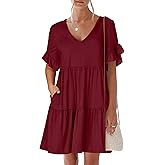 ANRABESS Dresses for Women Summer 2026 V Neck Ruffle Sleeve A Line Tiered Flowy Casual Trendy Mini Beach Dress with Pockets