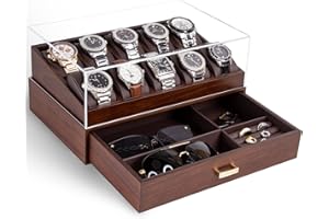 KAMIER Watch Box for Men, 10 Slots Mens Watch Case with Glass Lid, Watch Display Case With Drawer, 2-Layer Watch Holder Organizer, Jewelry and Watch Storage for Men Women, Walnut