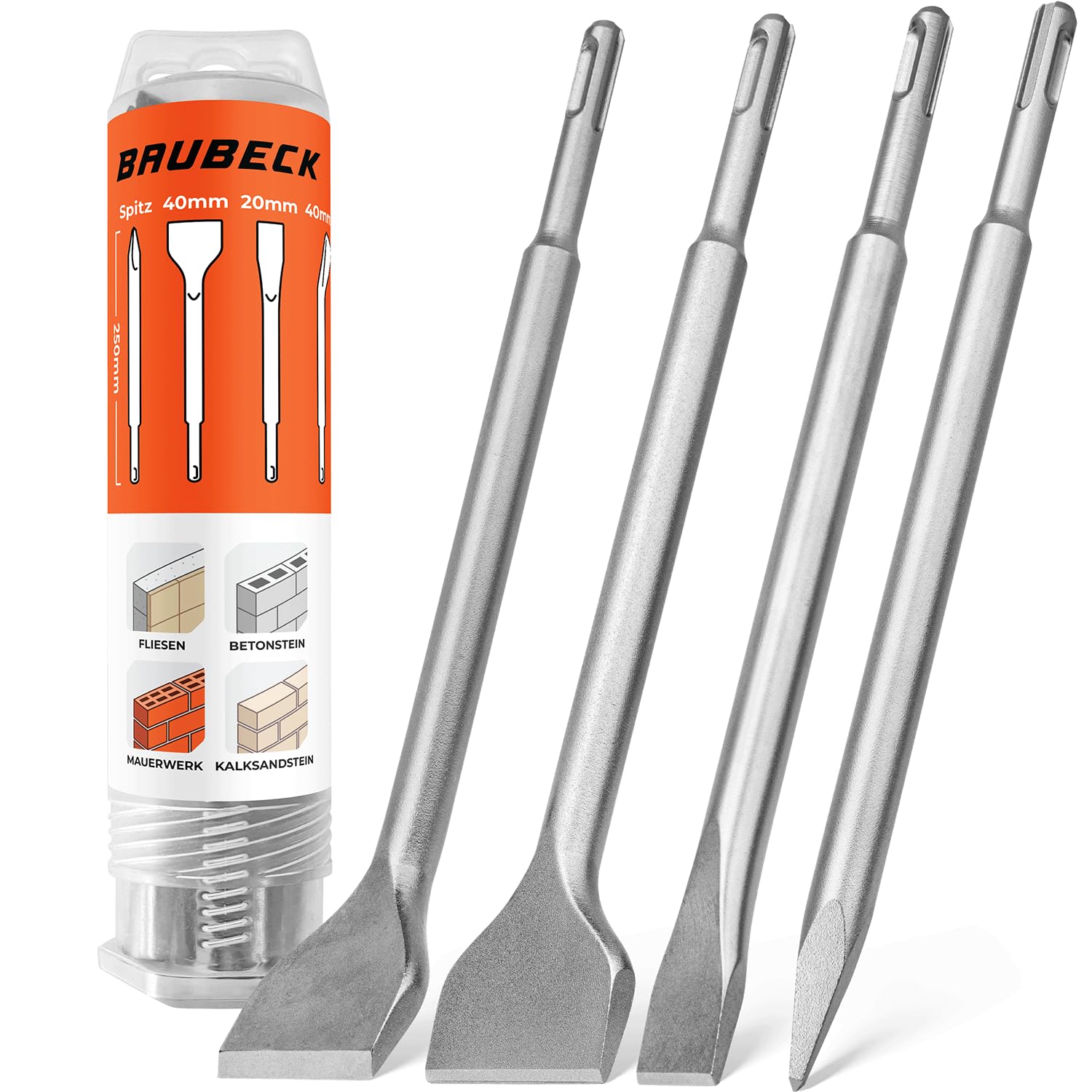 BAUBECK Meißel Set für Beton & Mauerwerk - SDS Plus - LONG LIFE [4tlg] - 250mm lang, angewinkelt und gerade - SDS Plus Meißel Set