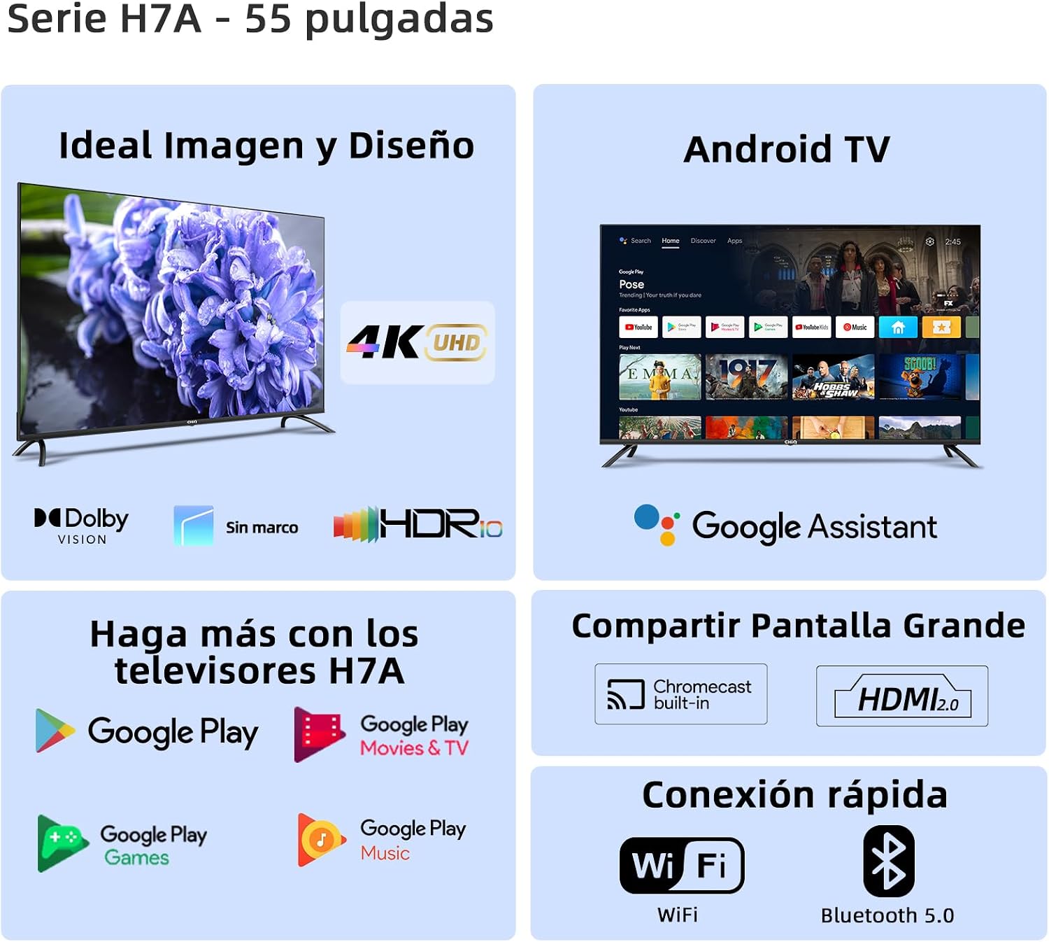 Front view of CHiQ U55H7A TV with stand