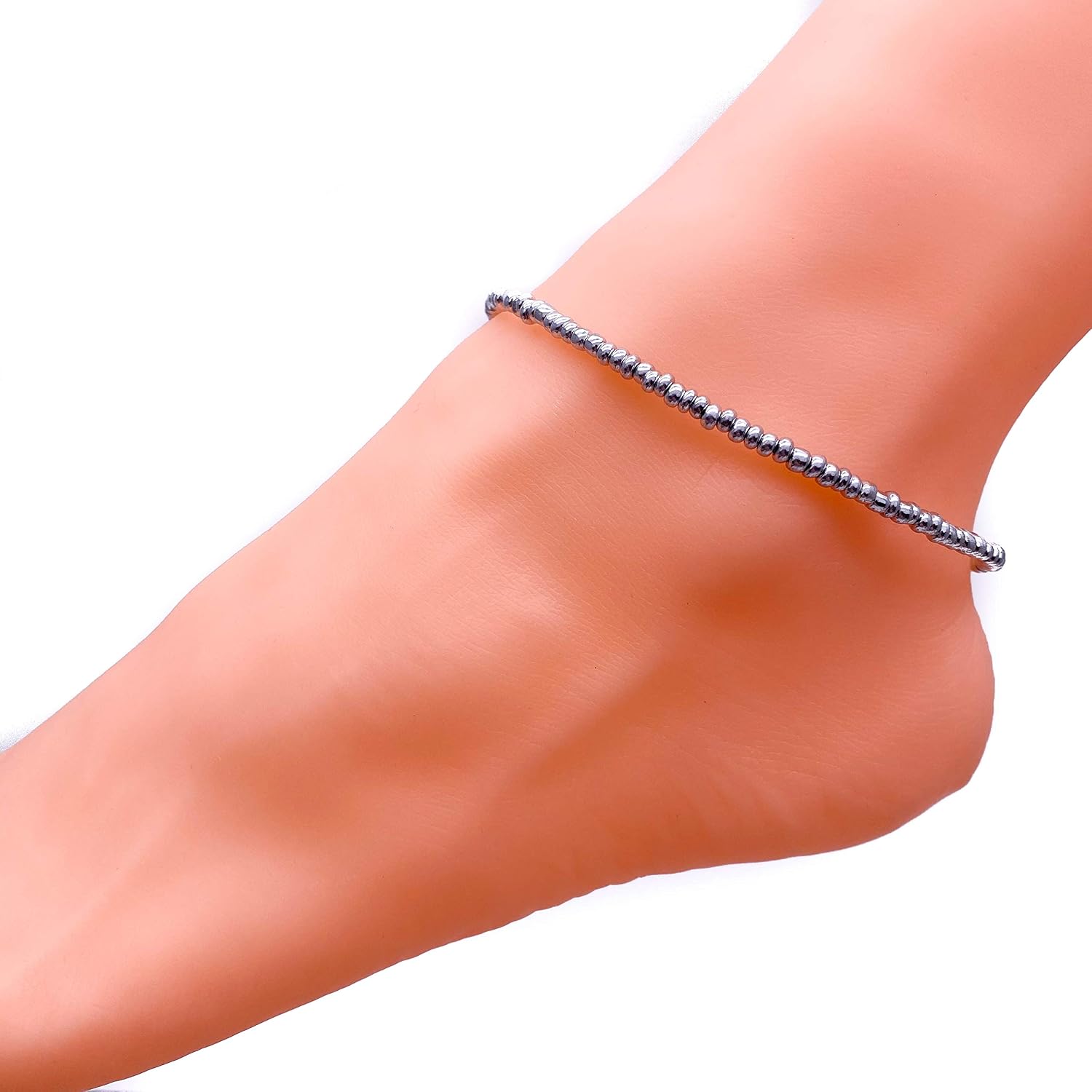 Shiny Silver Glass Seed Bead Anklet with Extension Chain - Adjustable Size : 9-11 inches, Ankle Jewellery for Women - Image 5