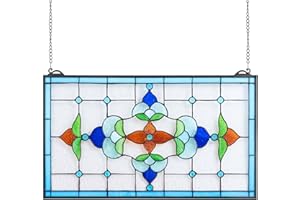 VEVOR Stained Glass Window Panel, 26 x 16 in, Tiffany Style Hanging Transom Window Panel with Chain, Large Horizontal Rectangle Stain Glass, Vintage Traditional Art Handcrafts for Kitchen Home Decor