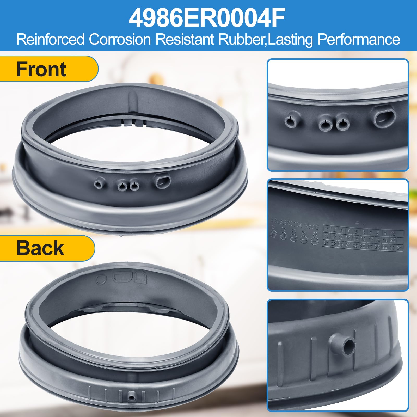 Upgraded 4986ER0004F Washer Door Gasket Boot Seal Compatible with LG Front Load Washer Door Seal, Length: 17.2 inch, Kenmore Door Boot Seal Parts WM2250CW, WM2101HW, WM2050CW, WM2301HR Door Seal