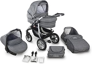 Clamaro 'CORAL 2019' Kinderwagen 3in1 Kombi System mit Babywanne, Sport Buggy und 0+ (0-13 kg) Auto Babyschale, Luftreifen, Federung, Schwenkräder und EASY-STOP Bremse - 22. Leinen Grau