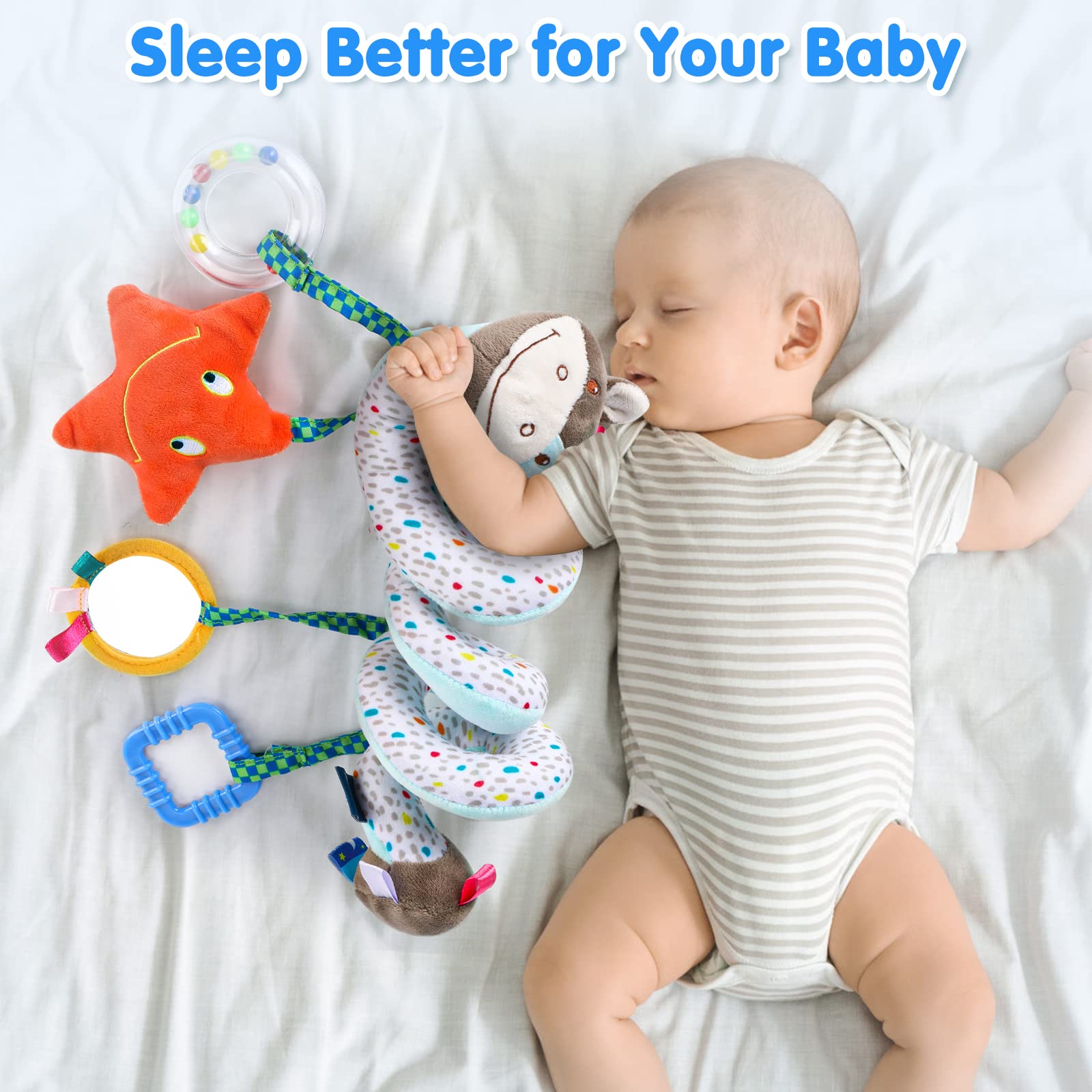 XIXILAND Car Seat Toys for Babies 0-6 Months, Stroller and Infant Toys 0-3 Months, Newborn Brain Development Crib Hanging Toys With Mirror, Rattles, and Teether
