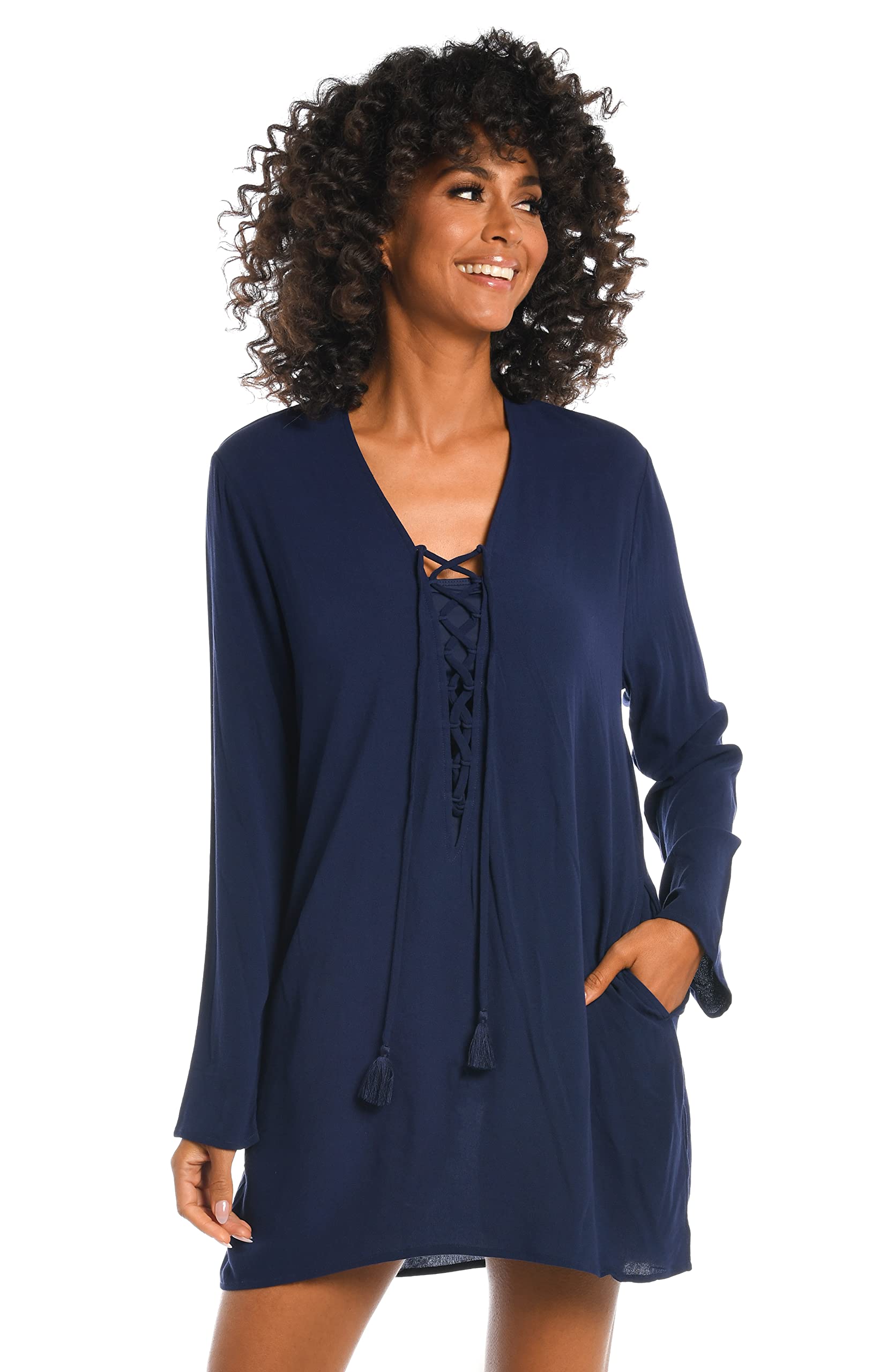La Blanca Women’s Lace Up Tunic Swimsuit Cover Up, Indigo//Beachcomber Basics, XL