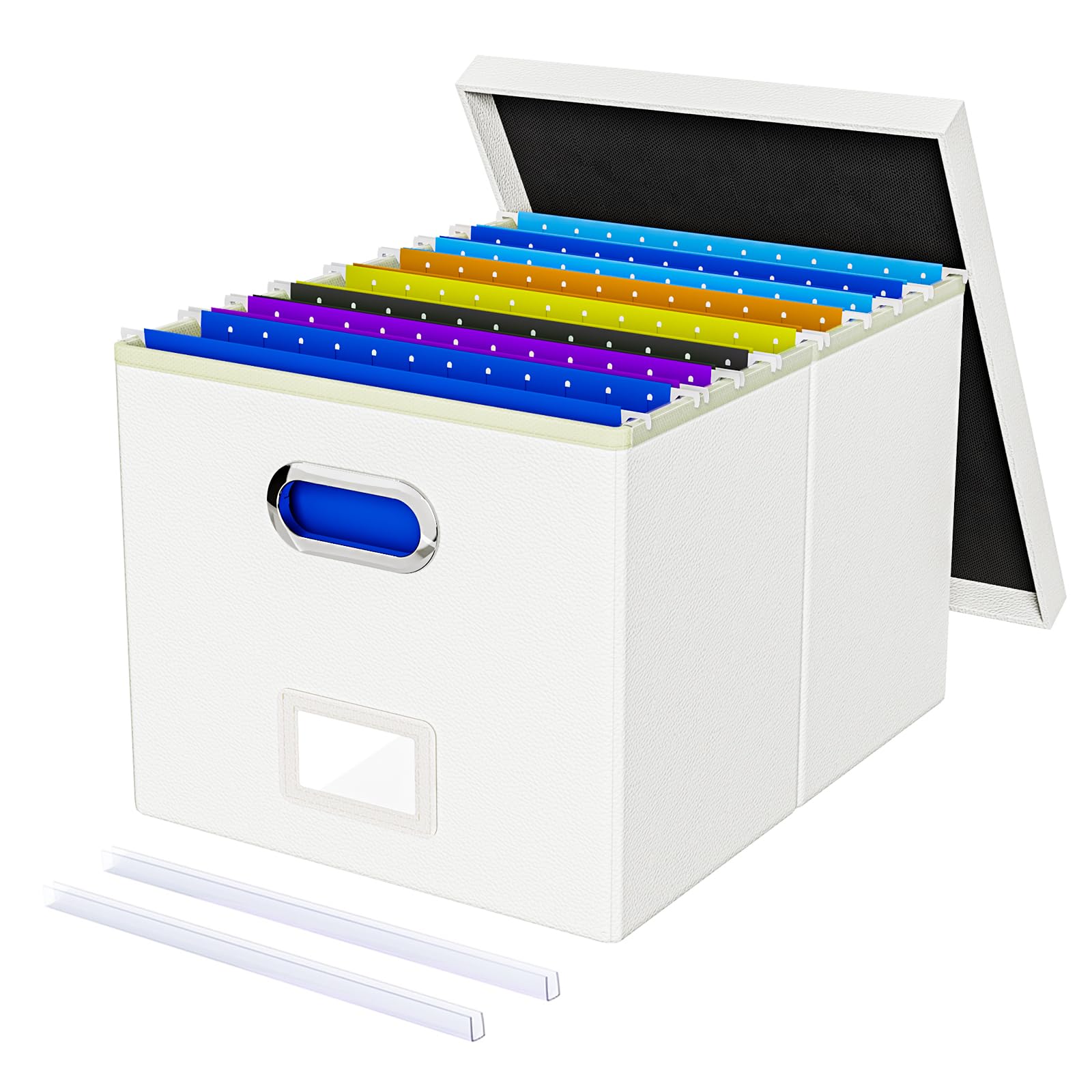 Photo 1 of Oterri File Organizer Box,Filing Box with Lid,File Box for Letter/Legal File Folder Storage, Portable Hanging File Box for Office/Decor/Home,1 Pack, White(Leather),Box only