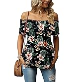 KEEDONE Women's Casual Off Shoulder Ruffle Tops Short Sleeve T Shirts Loose Summer Blouses Shirt
