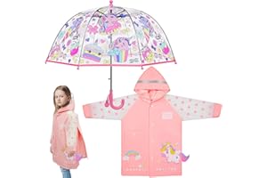 Twistover 2 Pcs Unicorn Umbrella and Unicorn Raincoat Set for Girls Kids Clear Bubble Umbrella and Unicorns Toddler Raincoat for Girls 5-8 Years
