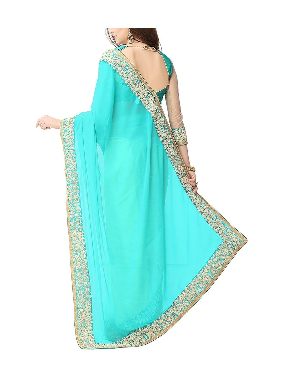 kuber enterprise women blue lycra sari with blouse piece (ku1060).