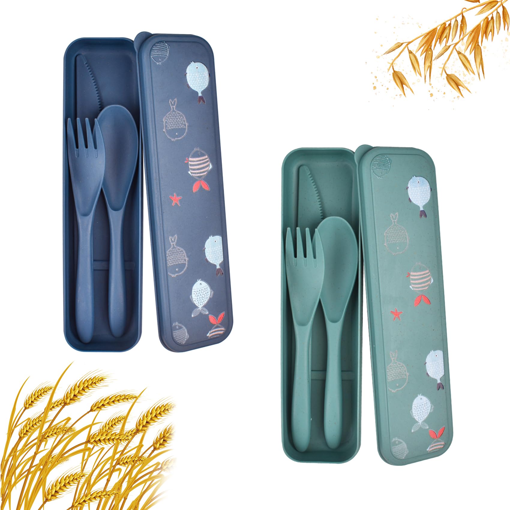 Outdoor cutlery for on the go, camping cutlery set, reusable, travel cutlery with case, portable camping cutlery set, field cutlery with case, spoon, spork, for on the go, travel (blue + green)