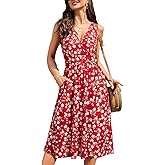 OUGES Women's Summer Spaghetti Strap V-Neck Floral Short Party Dress with Pockets