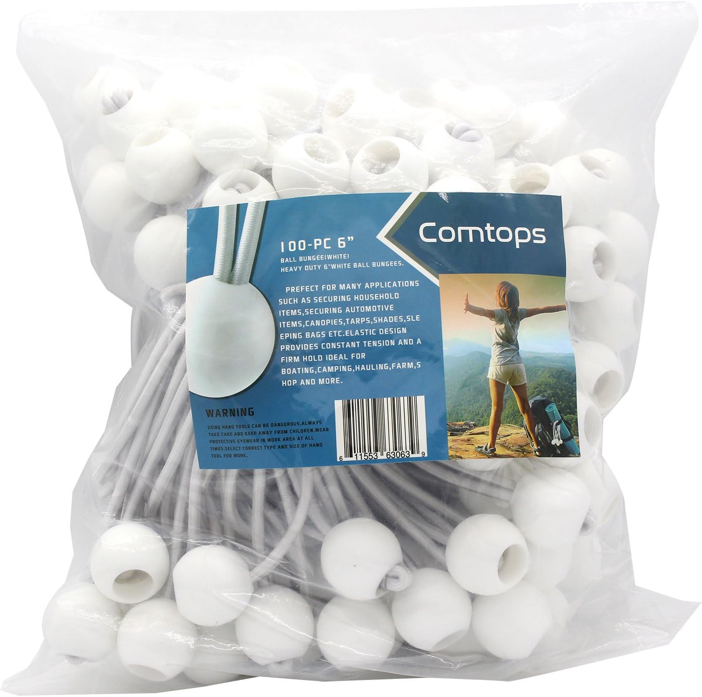 Comtops Heavy Duty 6" 100 PC Ball Bungee Canopy Tarp Tie Down Cord White Color Bonus 6 PK Mini Bungee Cord - - 