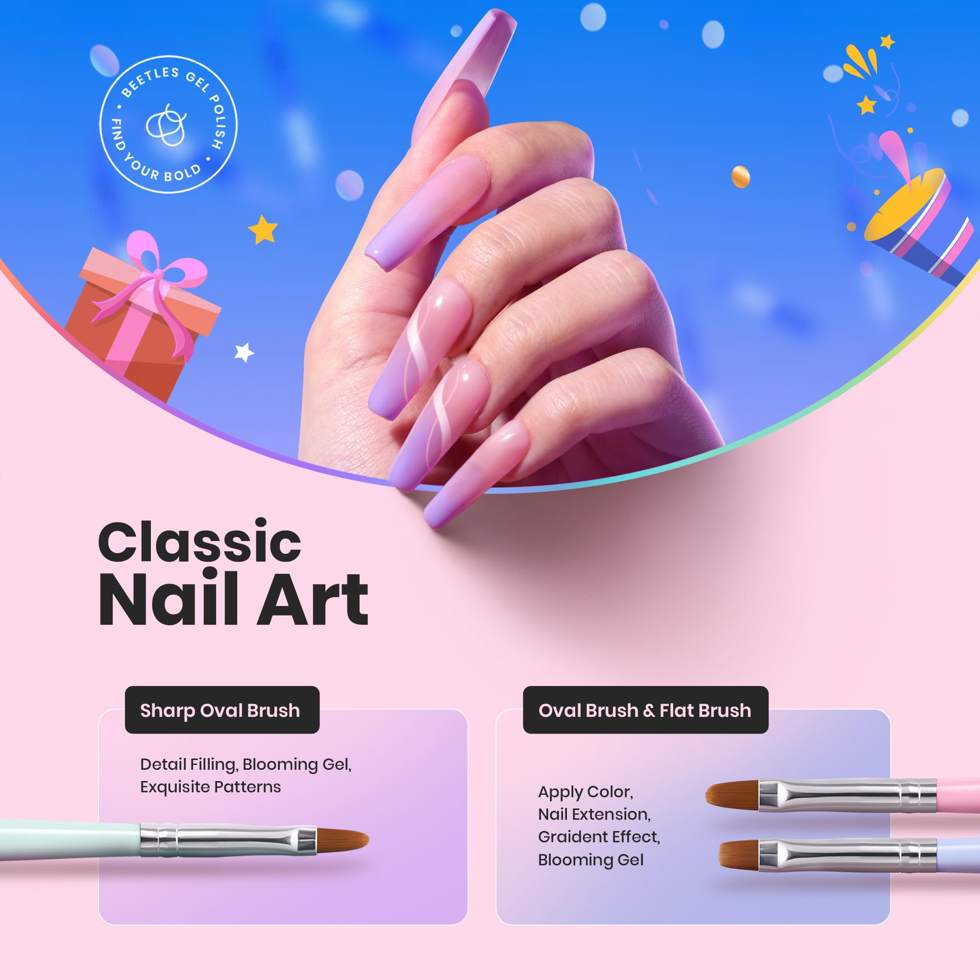 Beetles Gel Polish Nail Art Brushes, 6 Pcs Fingernail Art Design Pens, Wood Alloy Handle, Dotting Pen Clean Up Liner French Nail Brush Set, DIY Manicure Tools Gift for Women