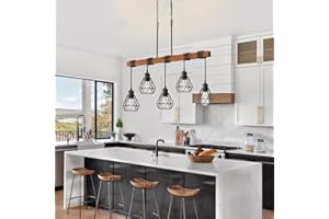 3228-5 Light Farmhouse Kitchen Island Lighting,Black Hanging Light Dining Room Light Fixture,Real Wood,Metal Cage,E26 Base,Pe