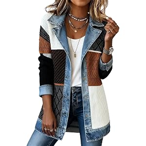 Denim Blazer for Women Corduroy Patchwork Cardigan Casual Thin Collared Button Down Long Sleeve Jacket
