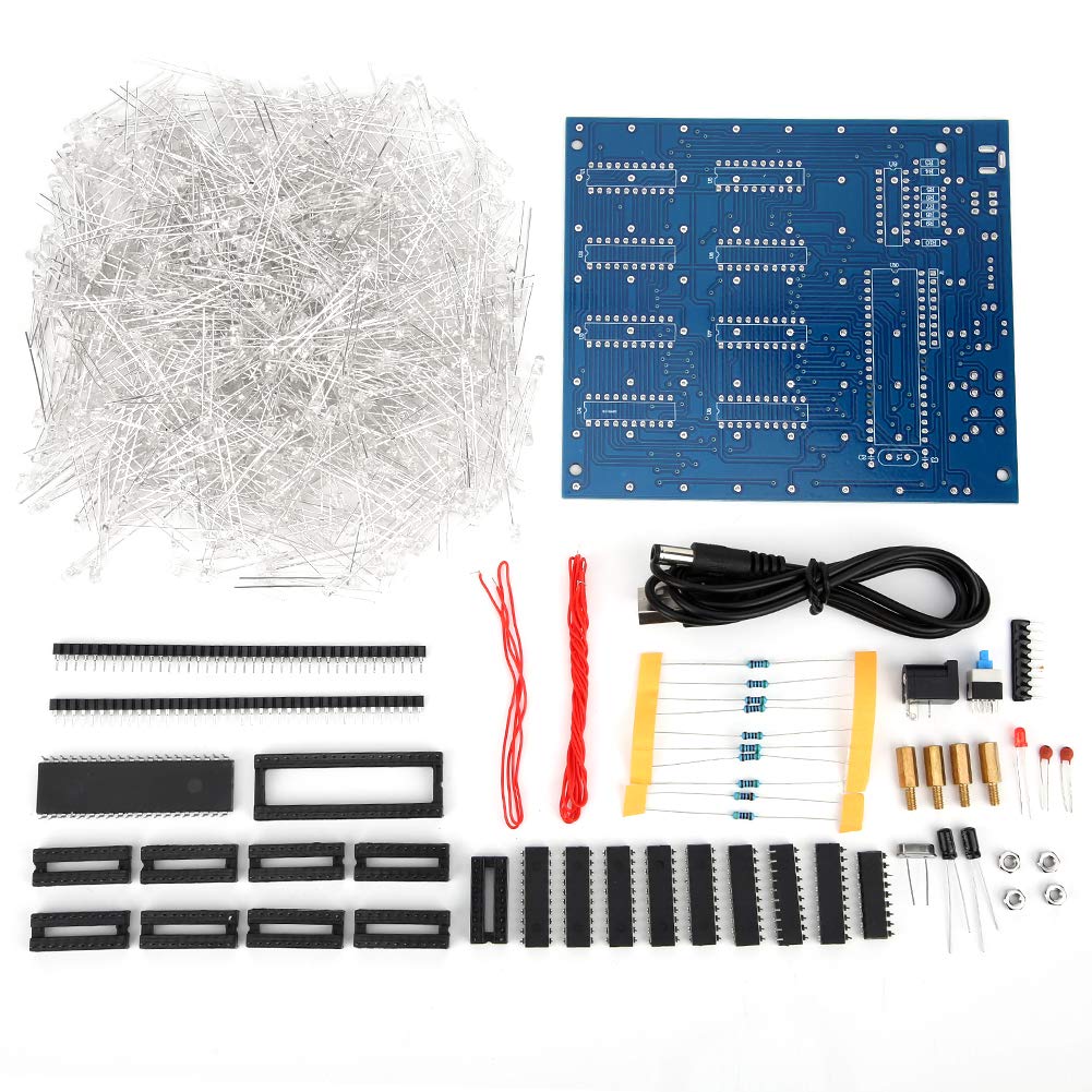 3D LED Cube Light DIY Soldering Kit with 1000pcs White and Blue LED Lights PCB Resistors and Capacitors Accessory Box and USB to DC005 Cable