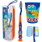 COCOBURI Kids Toothbrush Kit，Travel Toothbrush Kit with Cover Cup Carry Bag | Compact for Trips &amp; Sleepovers TSA Friendly Toothbrush Set for Toddler Soft Bristles Small Head Easy Grip Handles 4PC