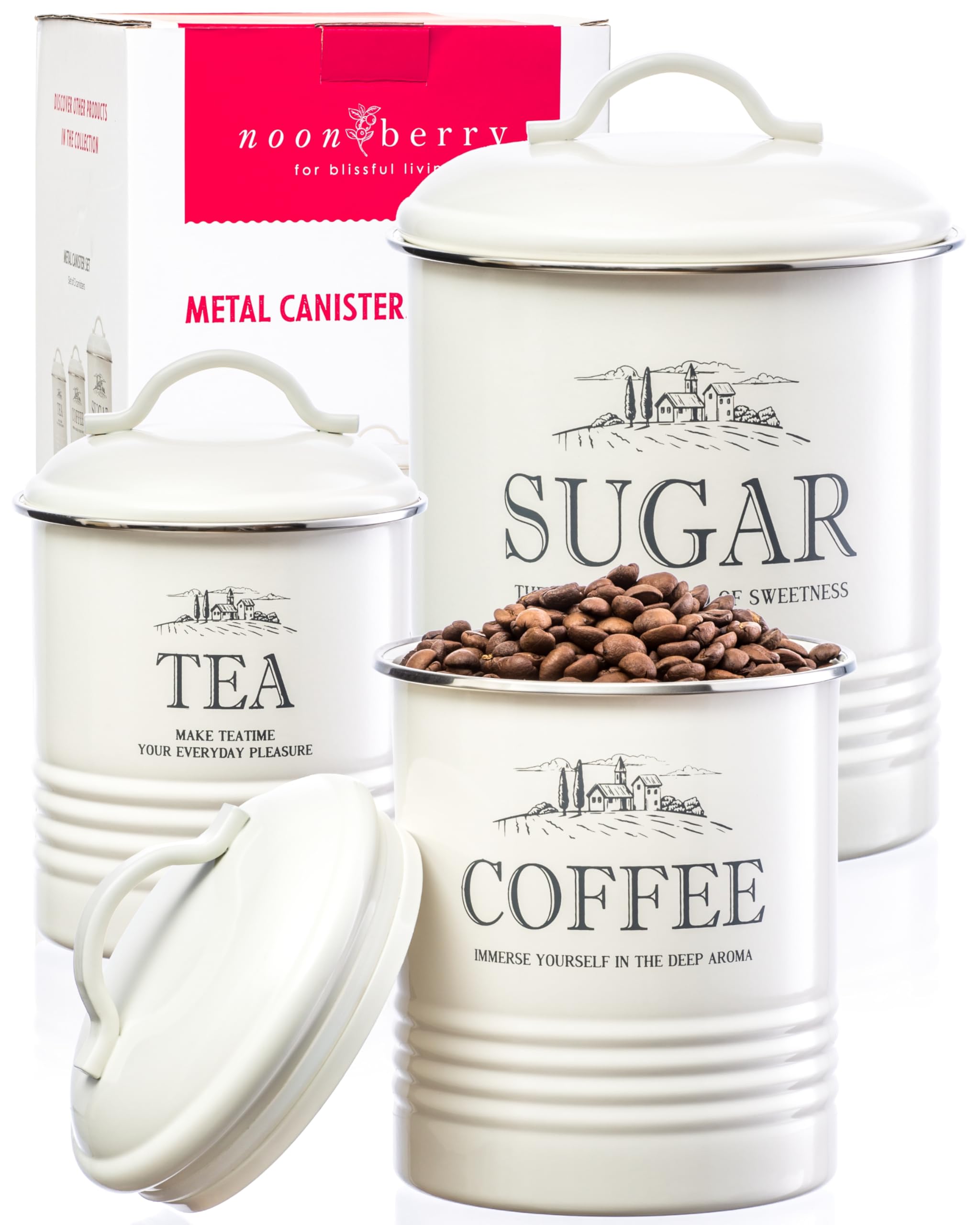 Photo 1 of noonberry Kitchen Canisters for Countertop - Set of 3 - Airtight Coffee Tea Sugar Container Set - Country Rustic Farmhouse Canisters Sets for the Kitchen