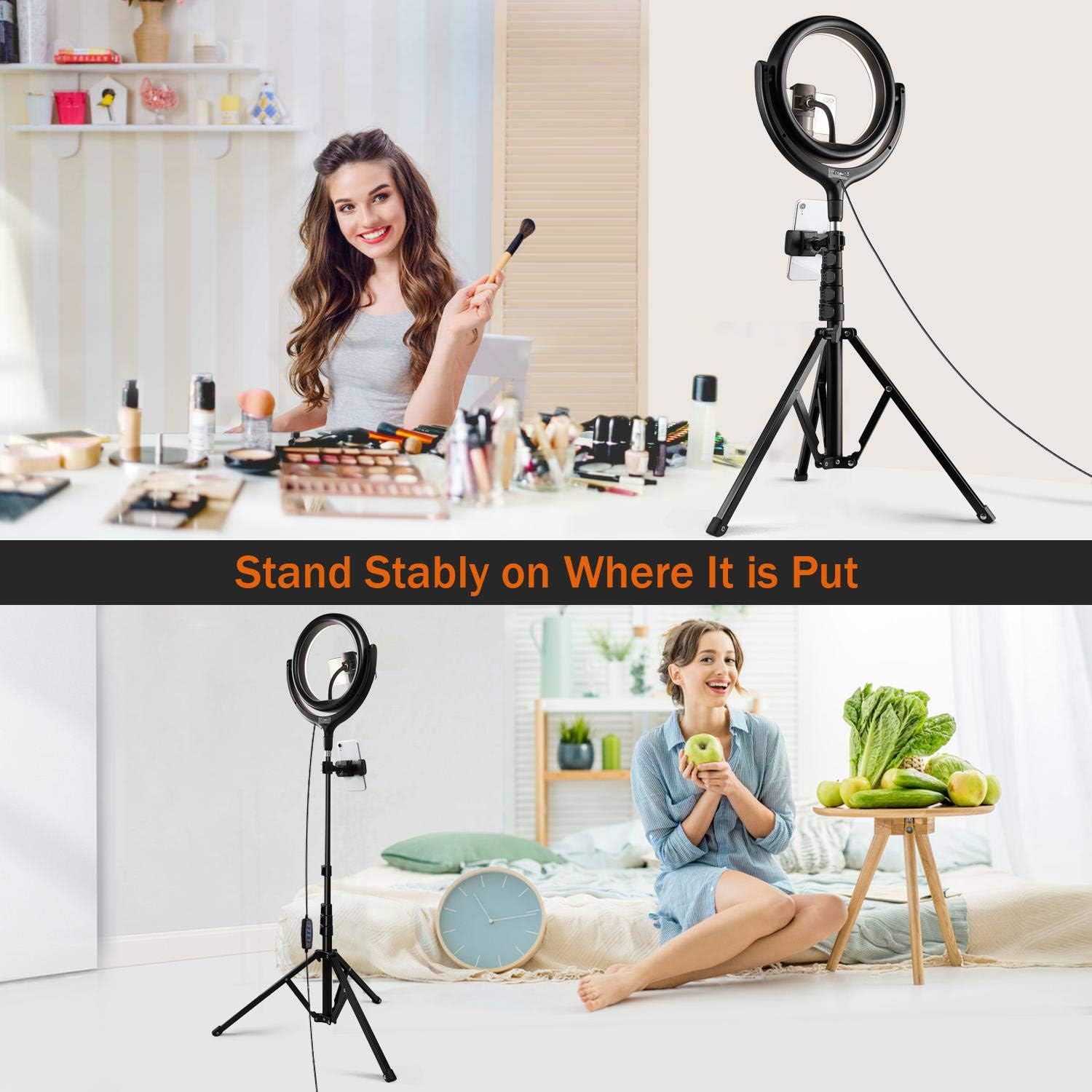 TaoTronics Ring Light with Tripod Stand 2 Phone Holders and Bluetooth Remote Shutter, 3 Lighting Modes, 10 Brightness Levels, Dimmable Led Camera Ring Light for Live Streaming, YouTube, Video, Make Up : Camera & Photo