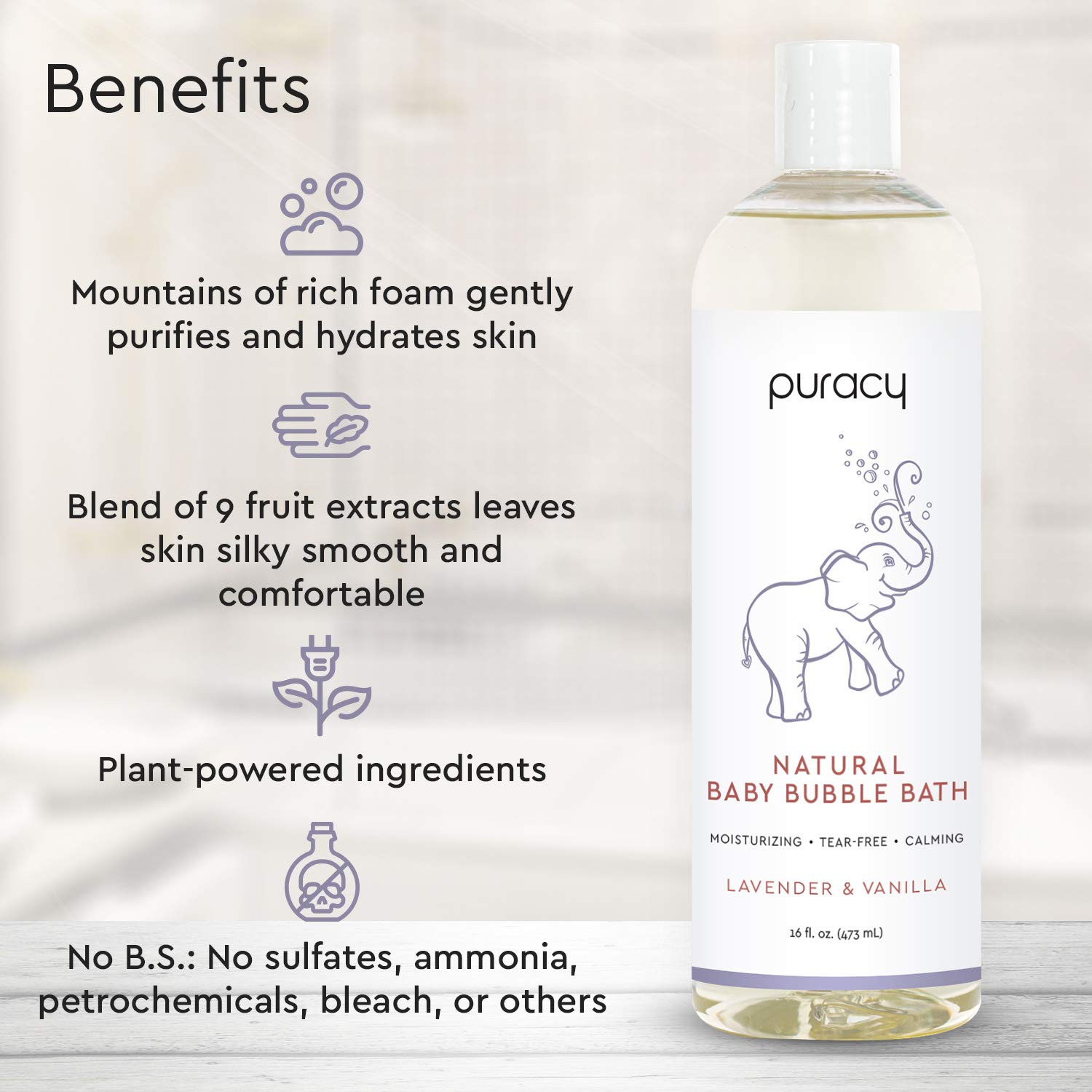 Puracy Natural Baby Bubble Bath, Lavender & Vanilla, Tear-Free, Hypoallergenic, Nontoxic, 16 Ounce: Beauty
