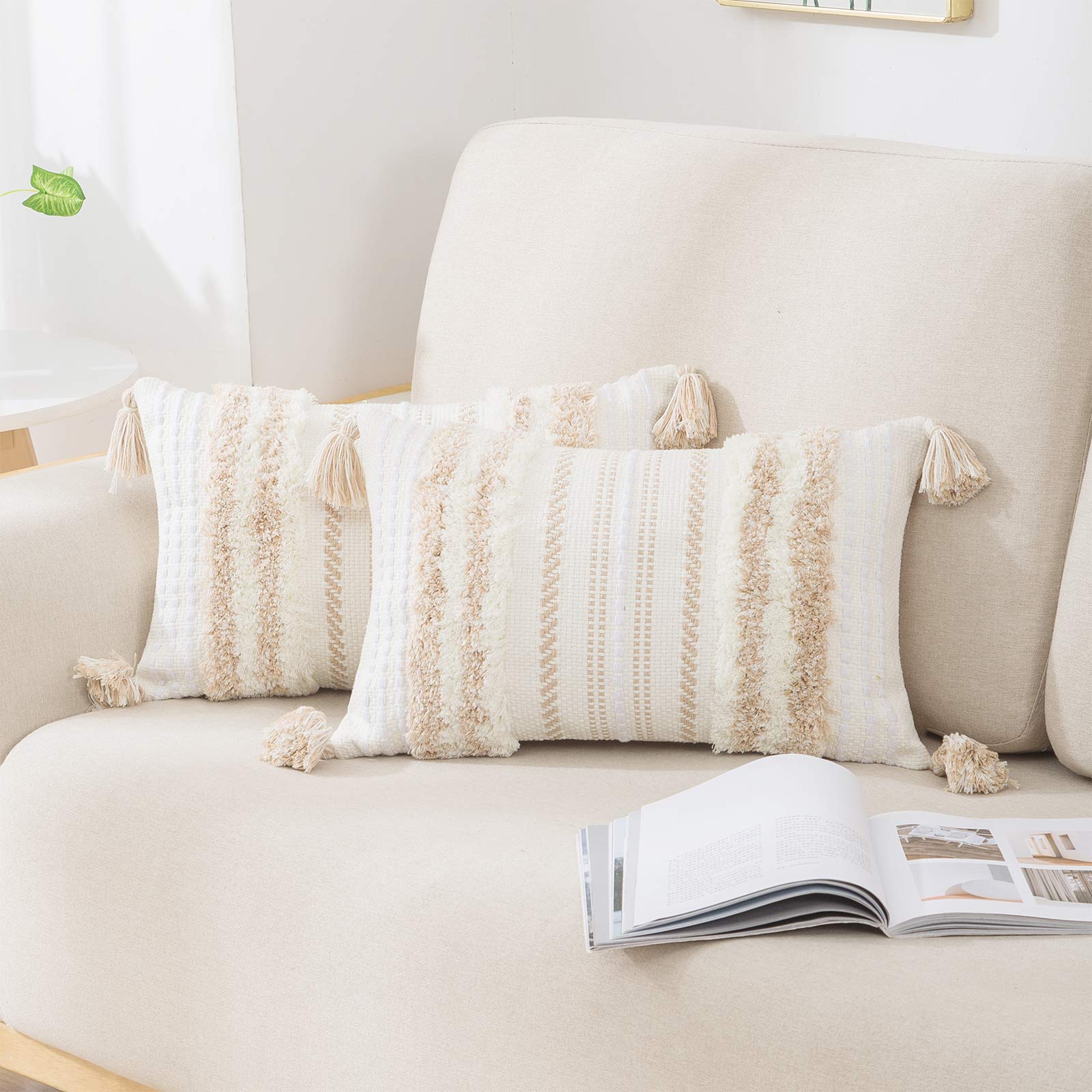 decorUhome Boho Khaki Cushion Covers 30x50cm Set of 2, Decorative Tufted Tassel Woven Pillow Case for Sofa Couch 12x20 Inch