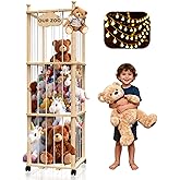 YACONA Stuffed Animal Storage, Wooden Stuffed Animal Holder with Brake Wheels, Toy Plushies Storage with Elastic Bands, Extra Large Toy Organizer & Display Cage for Nursery, Bedroom, Playroom