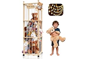 YACONA Stuffed Animal Storage with Warm Light, Wooden Stuffed Animal Holder with Brake Wheels, Toy Plushies Storage with Elastic Bands, Extra Large Toy Organizer & Display Cage for Nursery, Bedroom, Playroom