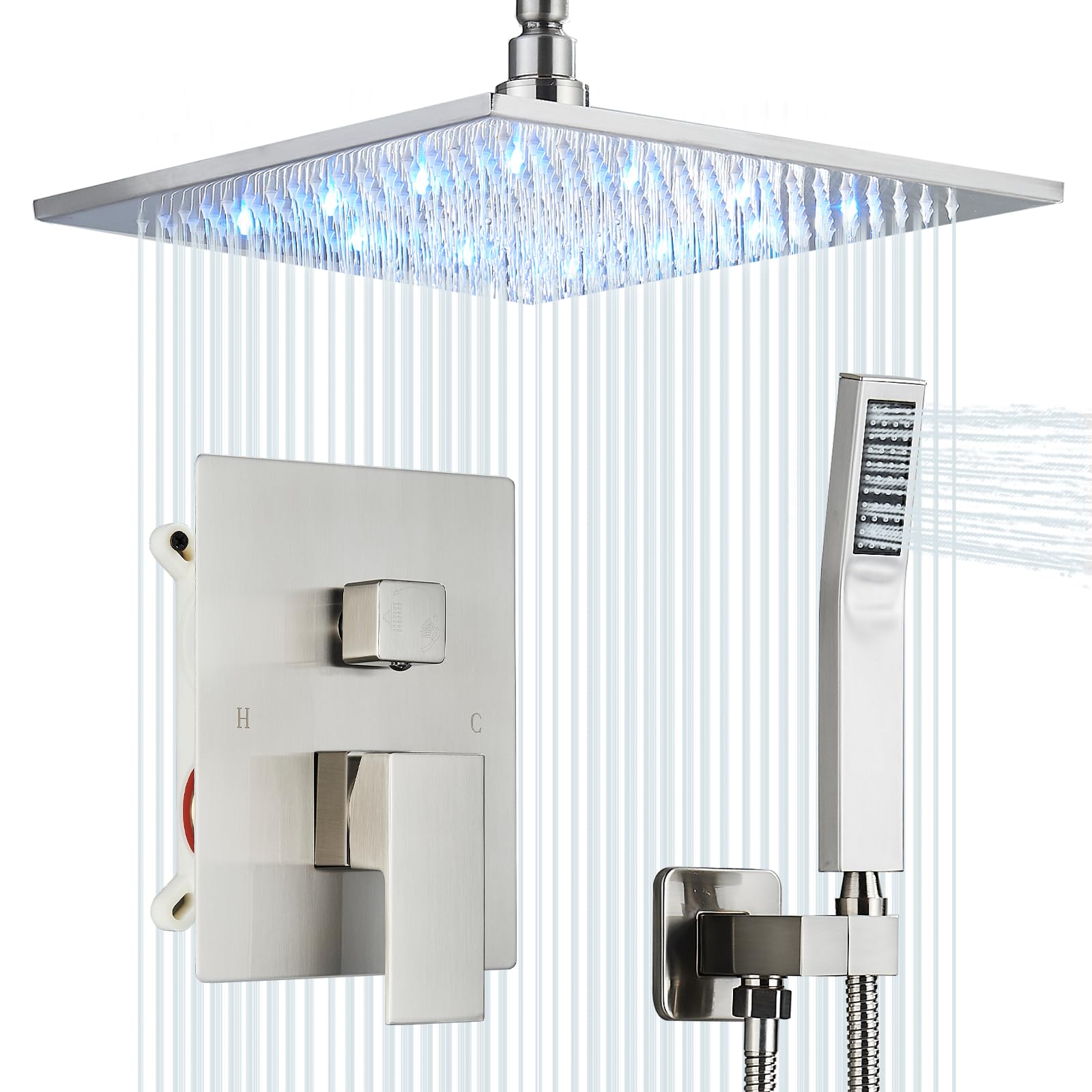 Photo 1 of Shower System 12 Inch LED Square Showerhead Shower Faucet Set Shower Kit with Handheld Spray SUS304 Stainless Steel Shower Trim Kit Handheld shower with Rough-in Valve Brushed Nickle…