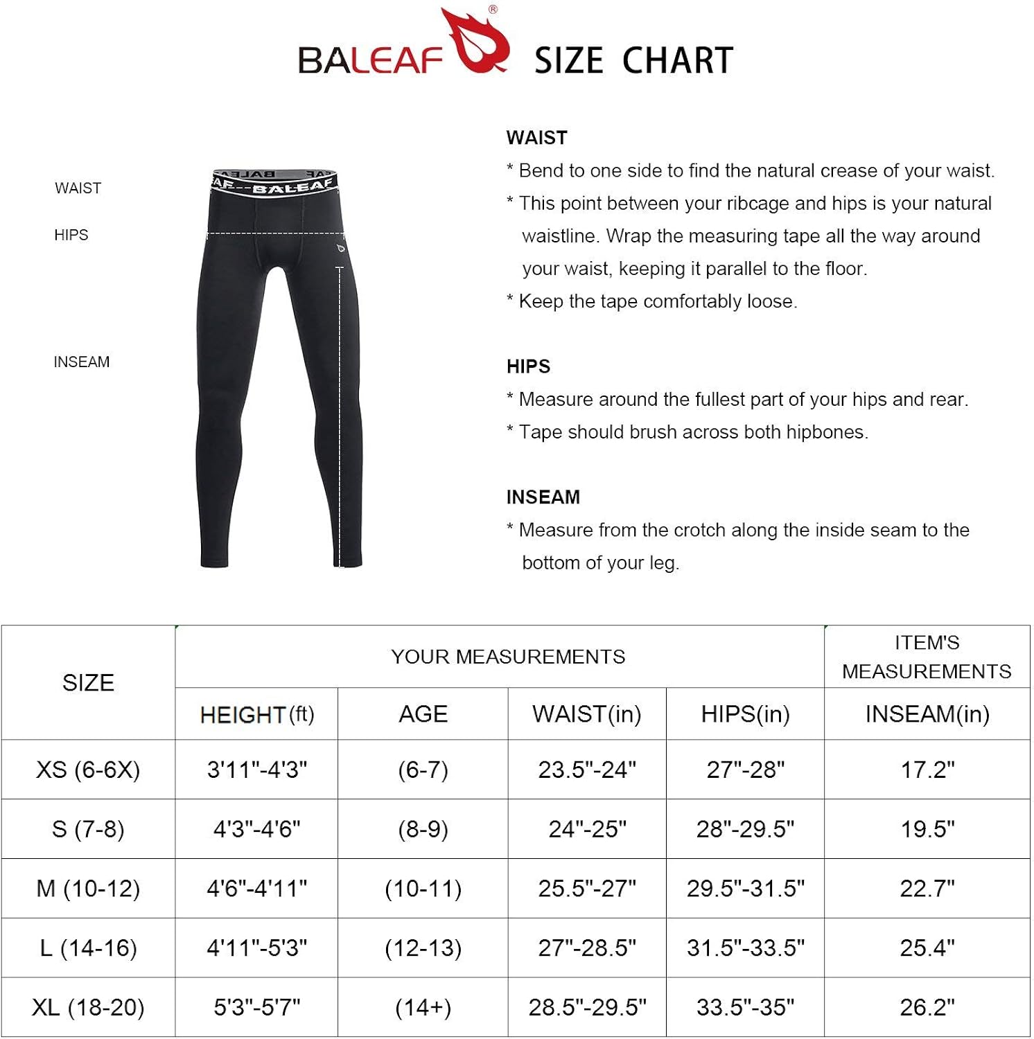 BALEAF Youth Boys'/Girls' Compression Pants Base Layer Yoga Leggings Sports Tights Running Workout Training: Clothing