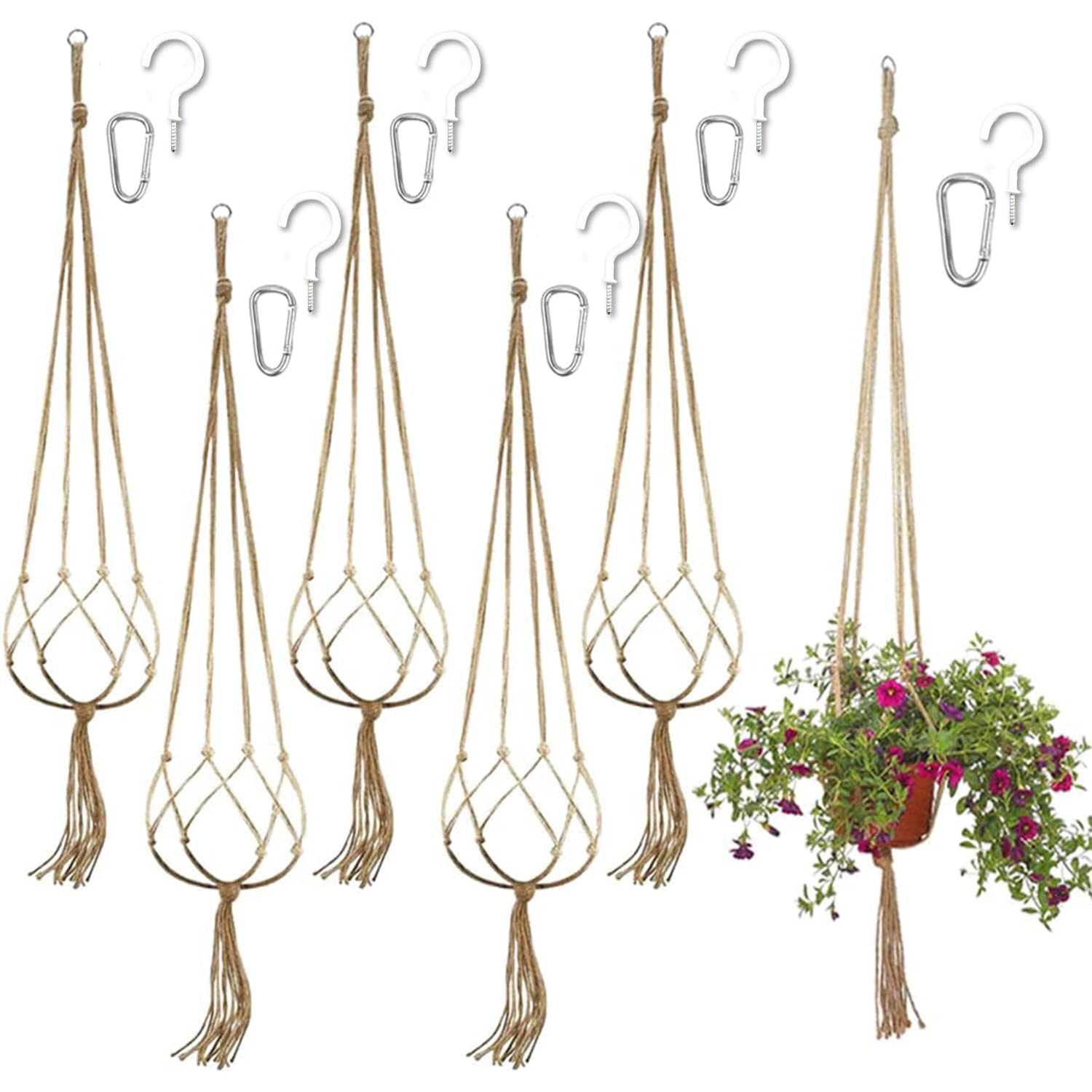 MEISHANG Macrame Plant Hanger, 4-Leg Square Cotton Rope Hanging Basket, Natural, Suitable for Indoor & Outdoor, 90 cm, 105 cm, 120 cm