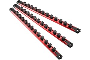 Reniteco Magnetic Socket Organizer Set, 3PC 1/2-Inch Drive Aluminum Alloy Socket Rail, Heavy Duty Magnetic Socket Holder for Tool Box Drawer, 360° Swivel Socket Rack, 1/2" x 36 Clips, Red