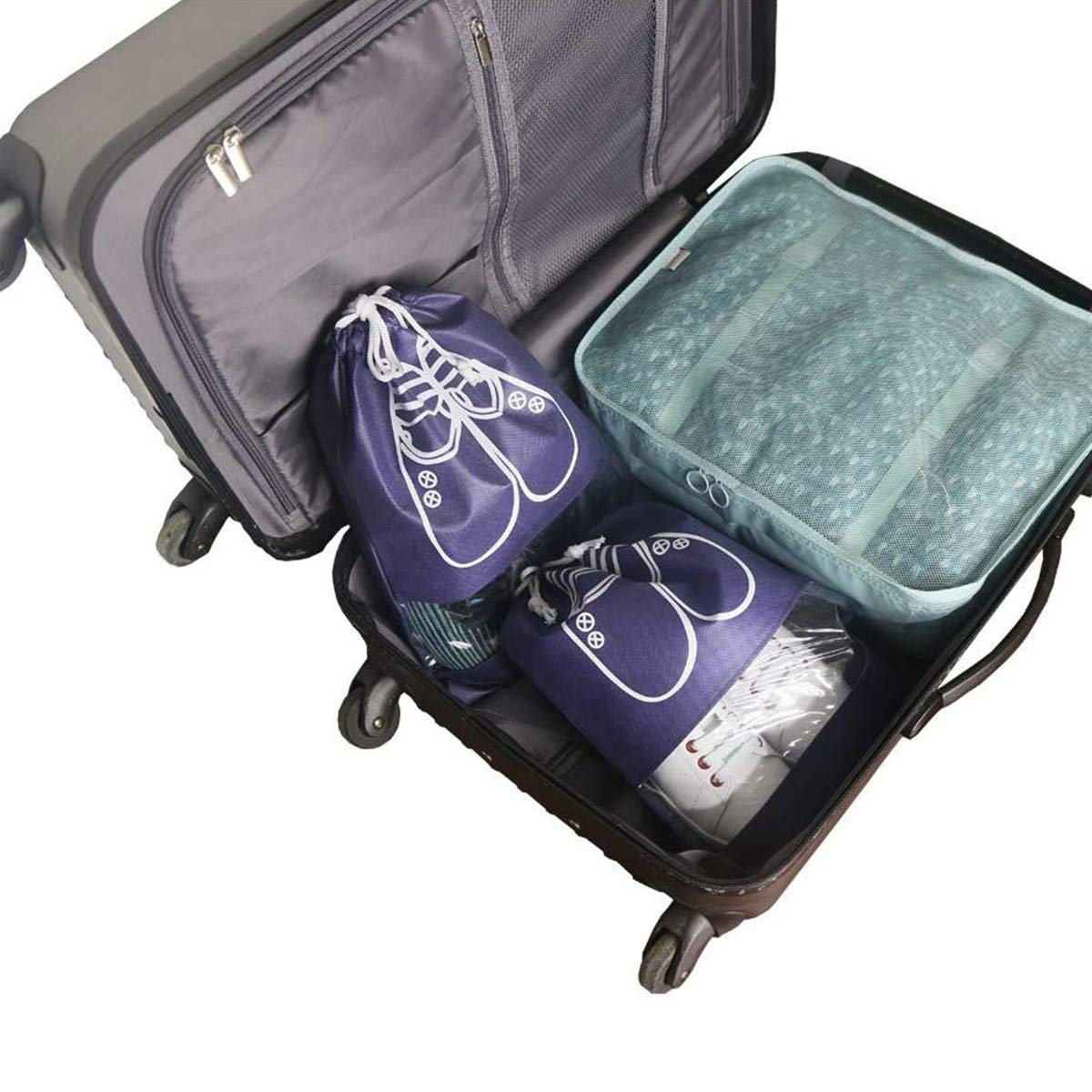 10 Packs Portable Travel Shoe Organizer, AIRERA Large Storage Bag for Men Shoes Dust-proof Breathable Transparent Window for Boots, High Heel Drawstring, Space Saving Storage Bags (45*32CM, Navy Blue)