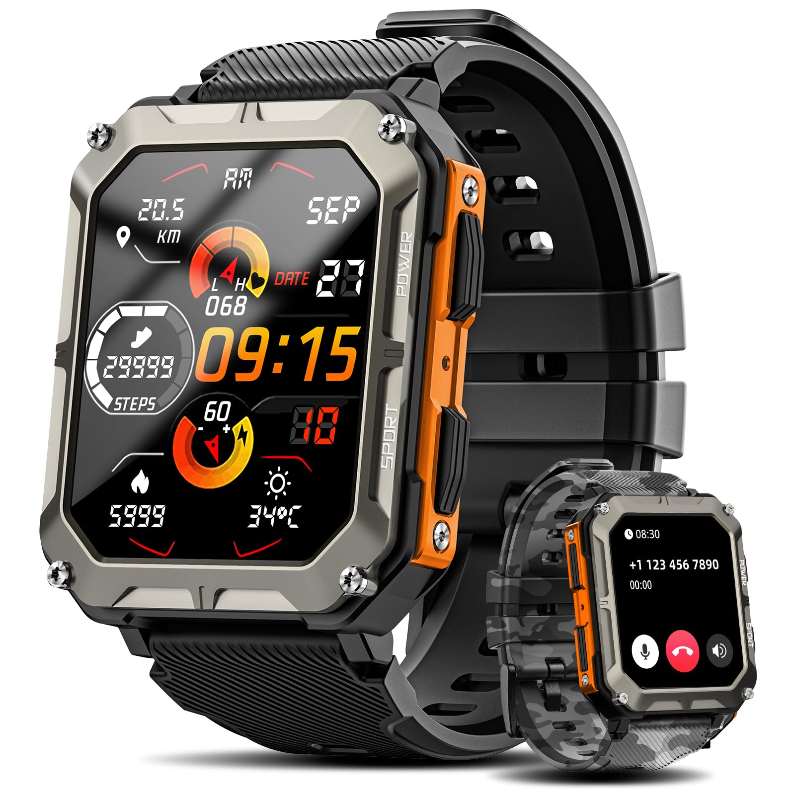 Photo 1 of Military Smart Watch for Men with Blood Pressure (Answer/Make Call), Rugged Tactical Smartwatch for Android and iPhone, 10 ATM Waterproof Outdoor Sports Fitness Tracker with Heart Rate, Sleep Monitor