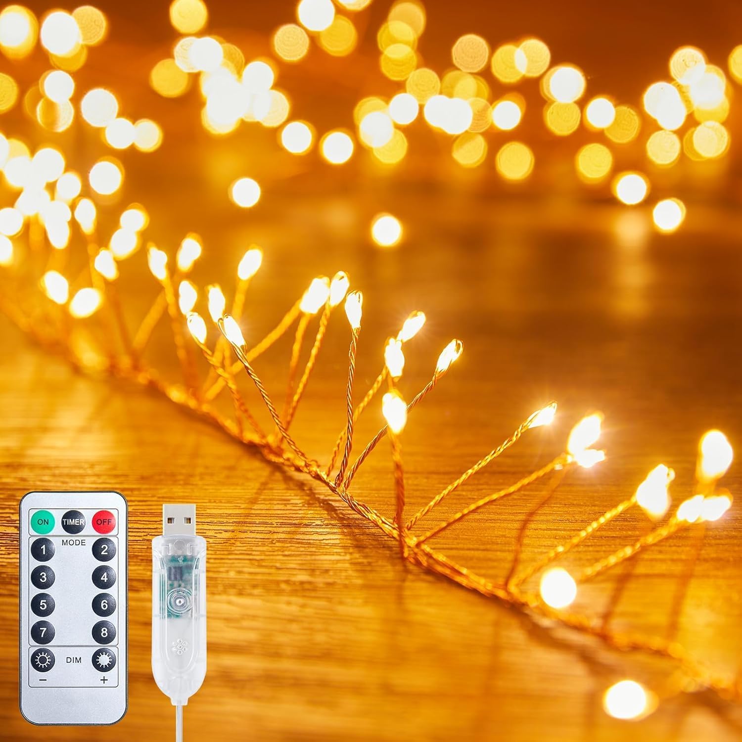 Mixtooltoys USB Fairy Lights with Remote,10Feet 100 Led Cluster Lights Waterproof Firecracker Starry String Lights for Ceiling Bedroom Wreath Window Wedding Christmas Tree Decoration, Warm White