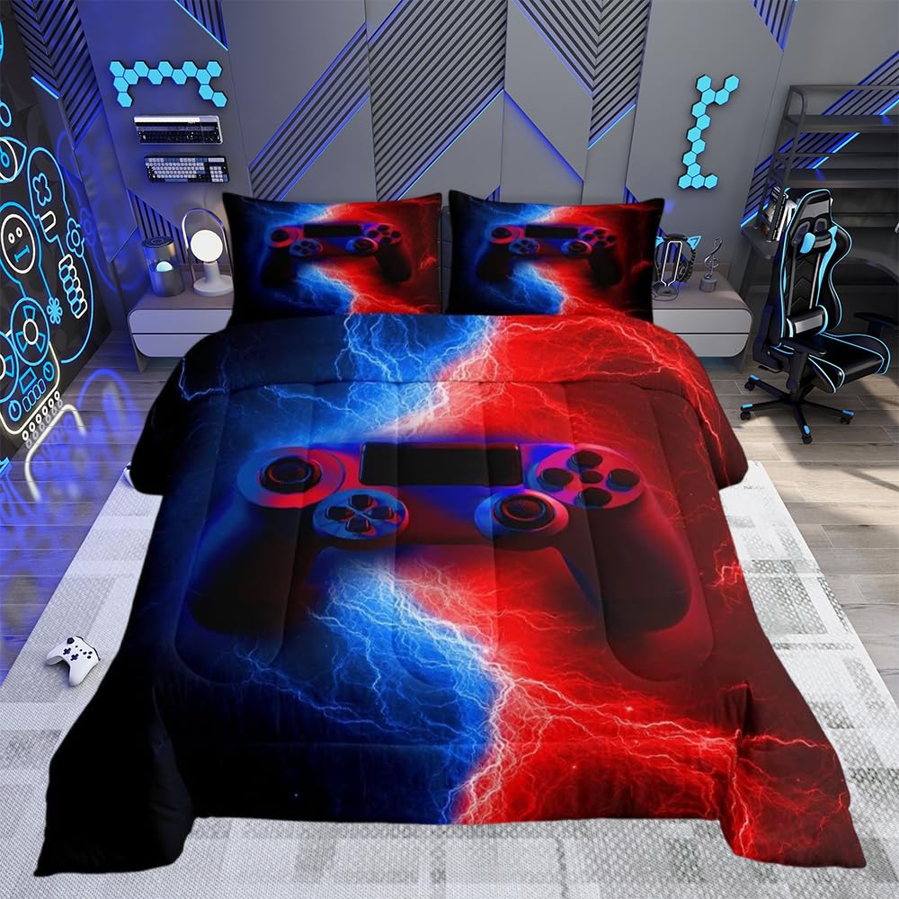 Loussiesd Gamer Gaming Duvet Insert Lightnings Gamepad Duvet Set,Video Games Bedding Set for Kid Teens Boys Man,Modern Bedroom Decor Down Duvet Insert,Red Blue 3 Pcs King Size — image 1