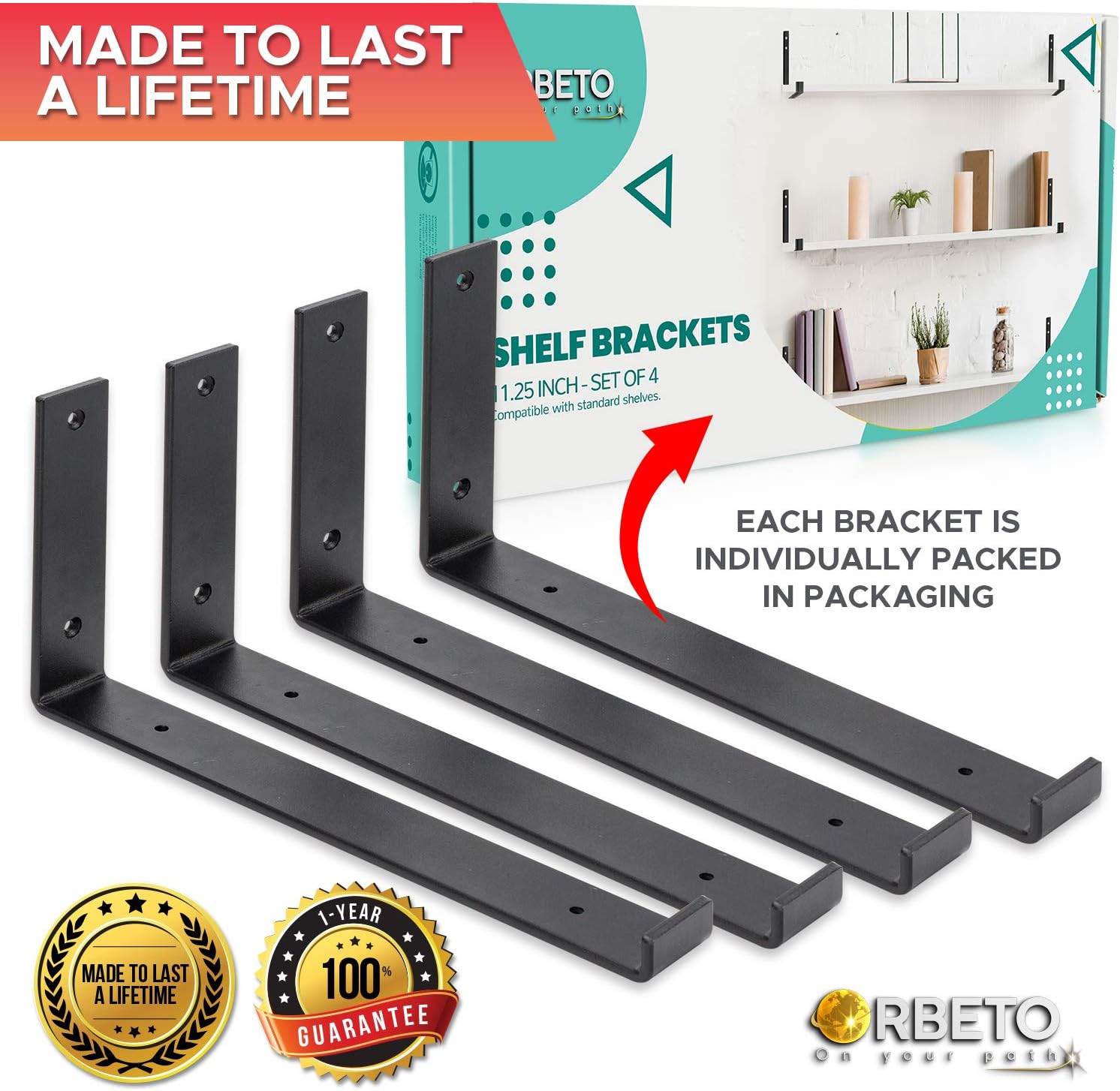 L Shape Shelf Brackets with Lip for 12 Inch Shelves Set of 4 Heavy Duty Iron for DIY Floating Shelves in Rustic Industrial Farmhouse Style - Hardware Included - Bonus Magnetic Pocket Level - Black: Home Improvement