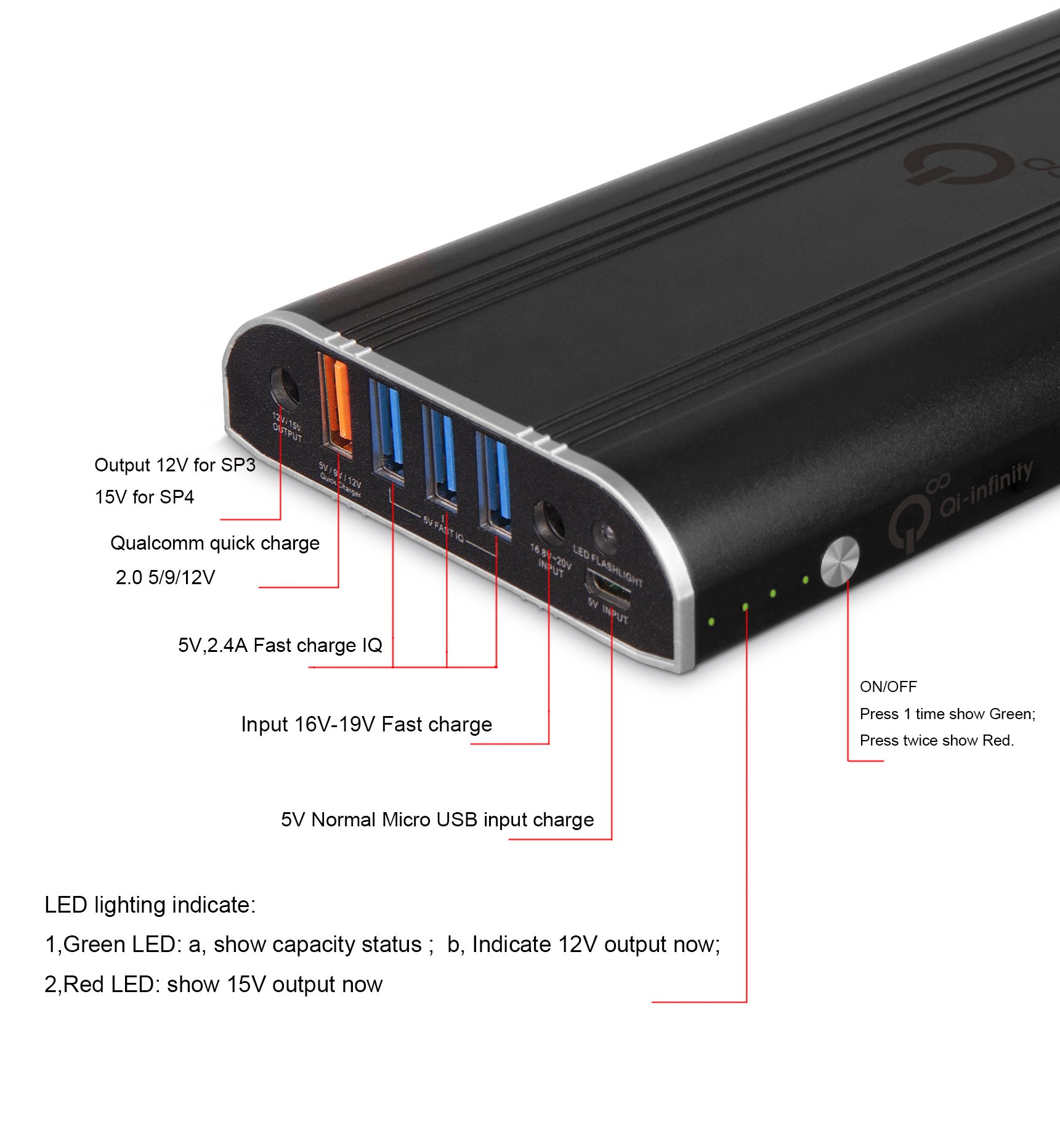 QiInfinity™ Surface Pro 4 External Battery 35,000 mAH Extended Pack for Windows Microsoft