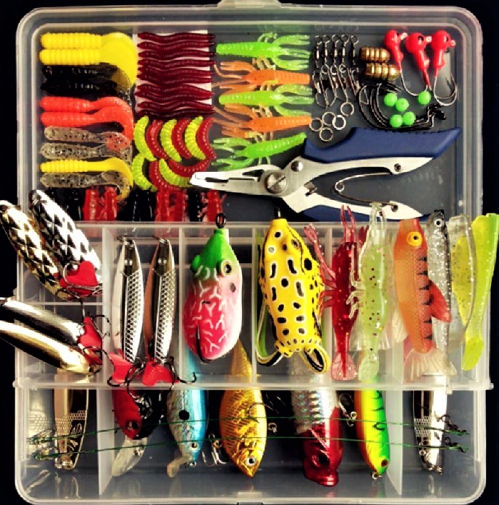 Lyu Bao 194 PCS Fishing Baits Kit in Box Saltwater Freshwater Fishing Pliers Fishing Frog Lures Soft Lure Hard Metal Lure VIB Rattle Crank Popper Minnow Jighead Worms Hooks for Trout Bass Salmon