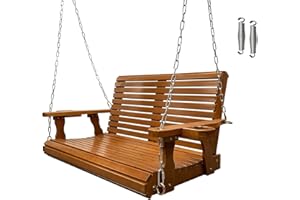 FORTUNE CANDY Wooden Porch Swing 2-Seater, Bench Swing with Cupholders, Hanging Chains and 7mm Springs, Heavy Duty 800 LBS, for Outdoor Patio Garden Yard (Cedar Tone - 4 ft.)
