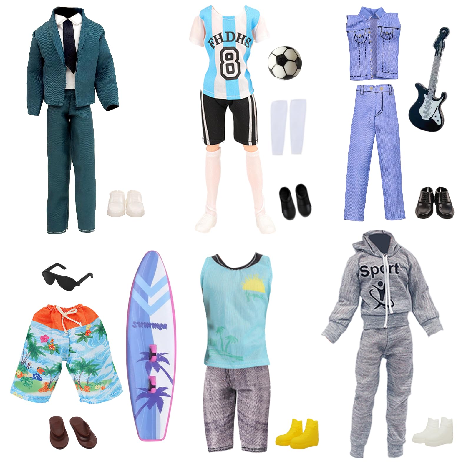 16 Pcs Clothes and Accessories Compatible with Ken = 6 Tops + 6 Trousers + 6 Shoes + 1 Glasses + 1 Football + 1 Trophies + 1 Surfboard for 12 inch Boy Dolls