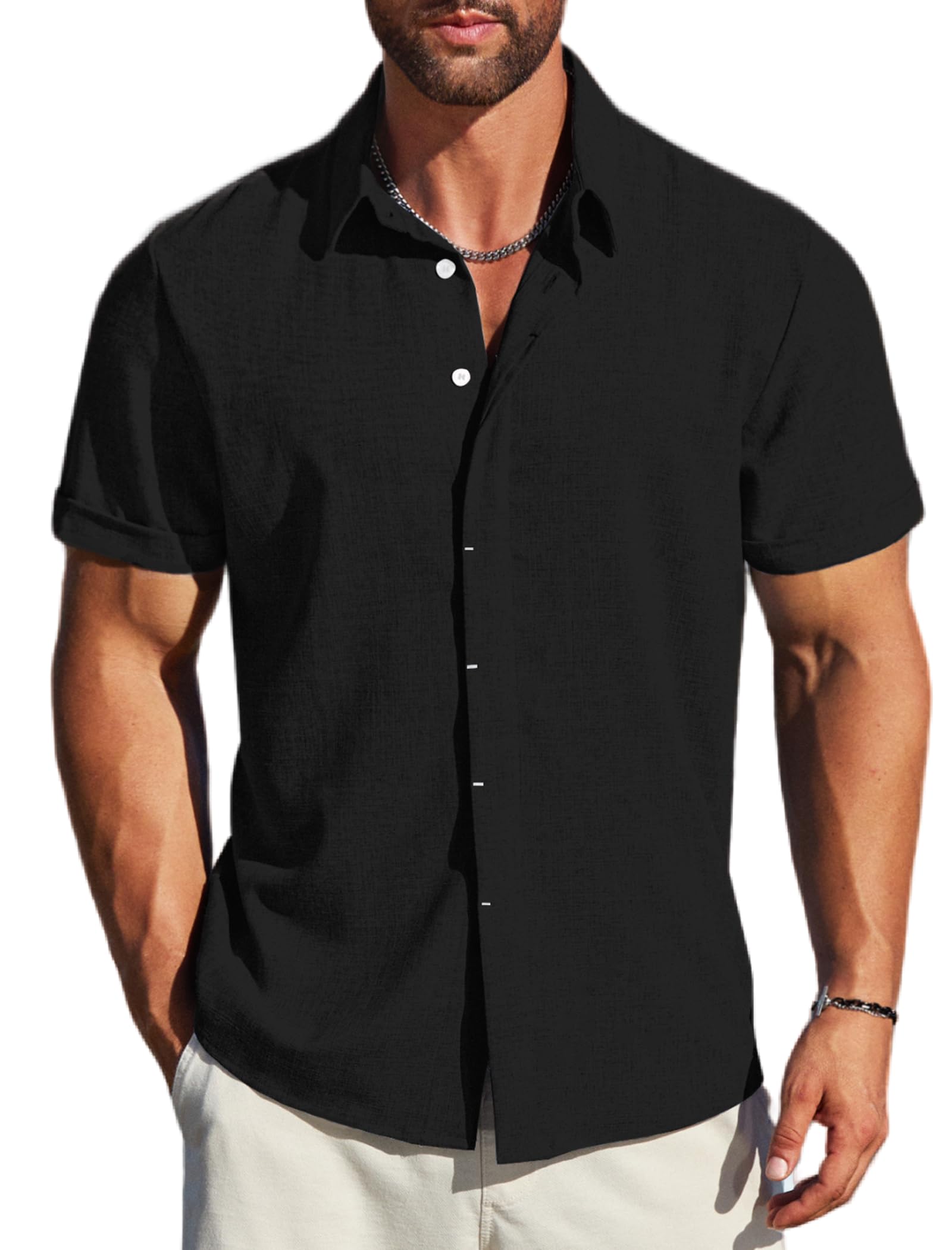 Photo 1 of MAPICK Men's Casual Button Down Shirt Short Sleeve Cotton Linen Untucked Shirts Beach Wedding Fashion Summer Clothes(Black,X-Large)