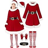 FancyFun 5 Pieces Girls Santa Dress, Santa Dress for Girls Kids Mrs Claus Costume with Belt Hat Christmas Cosplay