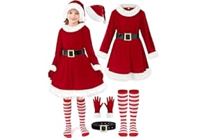 FancyFun 5 Pieces Girls Santa Dress, Santa Dress for Girls Kids Mrs Claus Costume with Belt Hat Christmas Cosplay