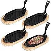 4 Pcs Cast Iron Skillet Set, Cast Iron Fajita Grill Pan, Sizzling Steak Frying Pan with Wooden Base and Removable Handle for 