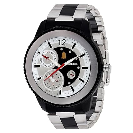Golden Bell Original Multicolour Dial Silver Two Tone Designer Steel Chain Analog Wrist Watch for Men - GB-991